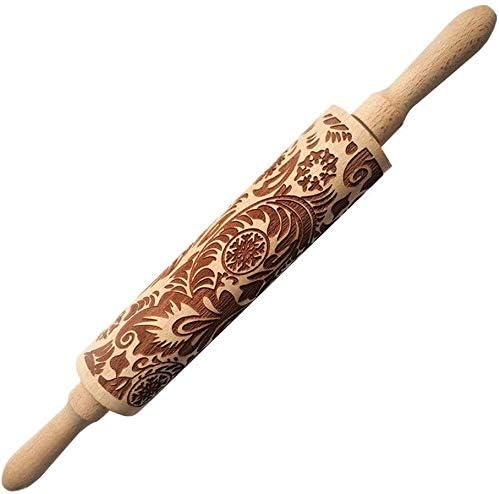 Embossed Rolling Pins for Christmas,3D Paisley Pattern Flower Snowflake rattan Wooden Roll Pin Laser Engraved Rolling Pin DIY Tool,Rolling Pin for Kids and Adults to Make Cookie Dough (38 * 5)