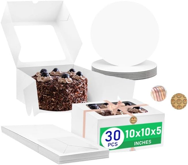 30PCS White 10x10x5 Inches Cake Box,Cake Boxes Set (60Pcs,30Pcs Boxes and 30Pcs Boards) with Cake Boards,Bakery Boxes with Clear Window for Cake,Dessert,Cookie,Birthday,Party,Wedding