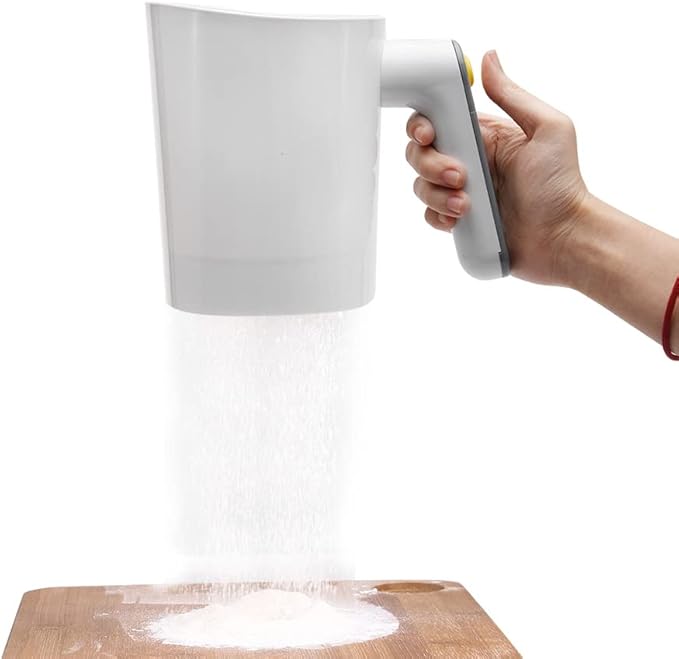Electric Flour Sifter, Battery Operated Mesh Shaker, Handheld Flour Sieve, Cup Shape Powder Shaker Strainer, Kitchen Baking Tools for Cooking, Pastry, Baking (COLOR:White)