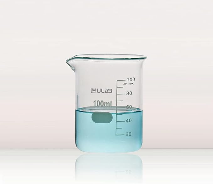 ULAB Scientific Glass Beaker Set, Vol.100ml, Shot Glass, 3.3 Borosilicate Griffin Low Form with Printed Graduation, Pack of 6, UBG1014