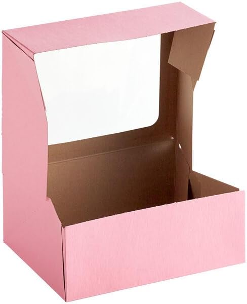 Auto-Popup Window Bakery Box, Pink Paperboard, 9 x 7 x 3.5 Inches, Rectangle Cake Box, 200 Count Bundle