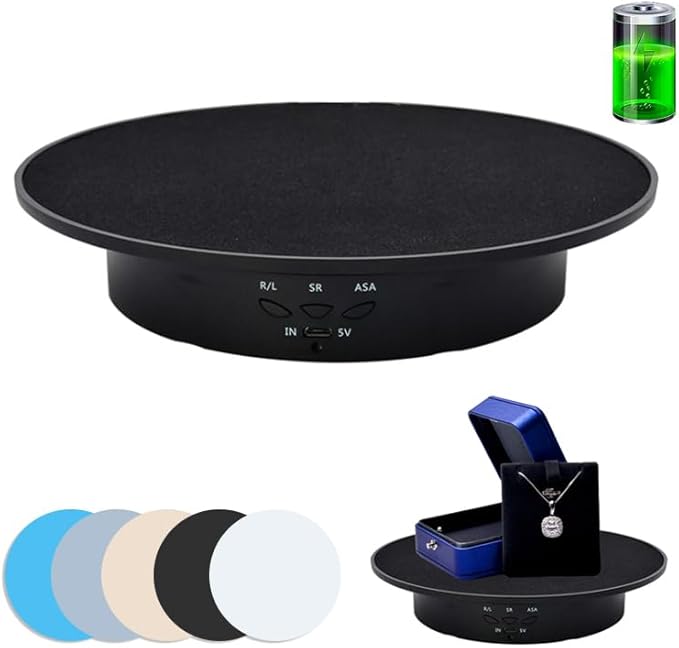 JAYEGT Motorized Rotating Display Stand, 7.87inch /17.6lbs Load, 360 Degree Electric Rotating Turntable for Photography Products, Jewelry, 3D Model ,with 5 Colors Backgrounds- Black