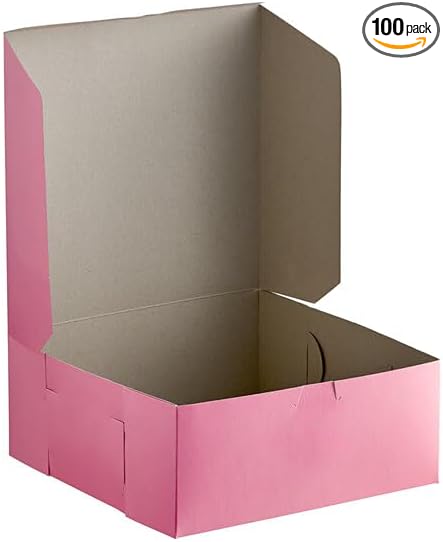 10x10x4 Inch Pink Bakery Box, Paperboard Construction, Lock Corner Design, Tuck Top Closure, Square Shape, 100 Count Case