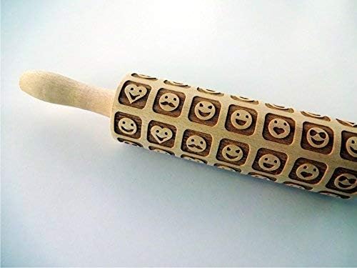 Embossing rolling pin SMILES. Engraved wooden embossed dough roller for embossed Cookies or Clay with Smiley Faces by Algis Crafts