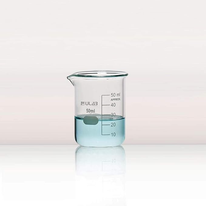 ULAB Scientific Glass Beakers Shot Glass, Vol. 50ml, 3.3 Borosilicate Griffin Low Form with Printed Graduation, Pack of 12, UBG1013