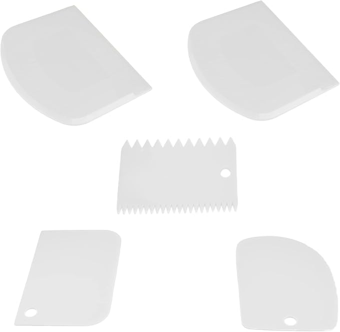 Multi-Purpose Bowl & Cake Scraper, 5-Piece Flexible Plastic Dish & Dough Cutter, Kitchen Bench Scraper - White