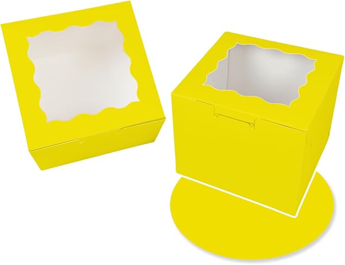 Bakepacker 36pcs 8x8x5 Inches Cake Boxes with Window 18-Packs Yellow Cake Boxes 8 Inch Bakery Boxes (18 Cake Boxes +18 Cake Boards Included)