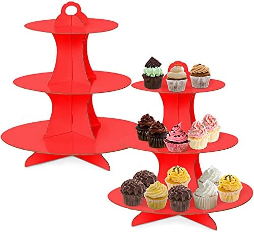 Cupcake Stand, 2 Pack 3-Tier Round Cardboard Dessert Plates Cake Fruit Cupcake Base Holder Candy Display Tower Tray Pastry Serving Platter for Birthday, Wedding, Baby Shower, Christmas (Red)