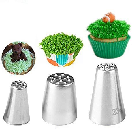 beyonday 3pcs Grass Cream Icing Nozzles Cupcake Practical Cream Piping Nozzle Tips Stainless Steel Pastry Tips Grass Fury Cake Decorating Tool (Silver)