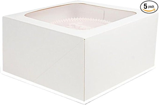 JBR & JM 5-Pack White Cake Boxes with Window - 10x10x5 Inches, Disposable Bakery Box for Cakes, Pastries, Desserts, Cookies - Square Cake Containers for Birthday Parties and Weddings