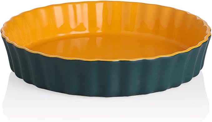 Sweejar Ceramic Wavelet Fringe Pie Dish, 9.5 Inch Round Non-Stick Pie Plate for Baking, Blue & Yellow