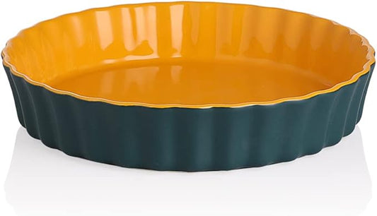 Sweejar Ceramic Wavelet Fringe Pie Dish, 9.5 Inch Round Non-Stick Pie Plate for Baking, Blue & Yellow