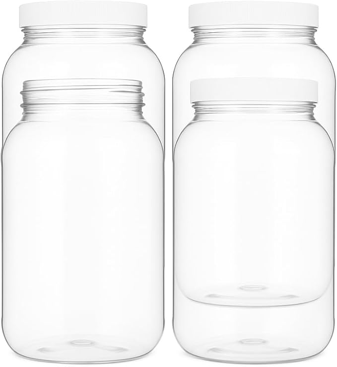 kitchentoolz 1 Gallon Plastic Mason Jar with Airtight Lid – Extra Wide Mouth Clear Storage Container – Made in USA – 4 Pack