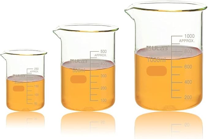 ULAB Scientific Glass Beaker Set, 3 Sizes 50ml 100ml 250ml, 3.3 Boro Griffin Low Form with Printed Graduation, UBG1001