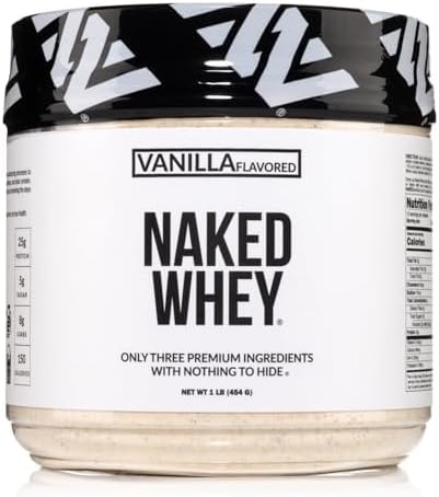 NAKED Vanilla Whey Protein 1Lb, Only 3 Ingredients, All Natural Grass Fed Whey Protein Powder + Vanilla + Coconut Sugar- GMO-Free, Soy Free, Gluten Free. Aid Muscle Growth, 12 Servings