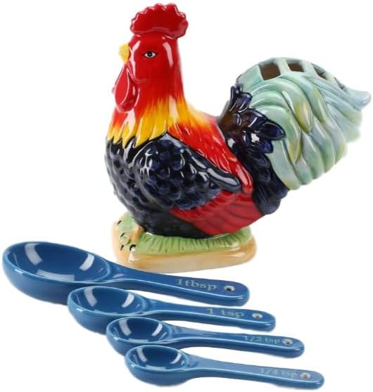 Omniware Rooster Measuring Spoon Set - Hand-Painted Stoneware with Long Handles, Lead-Free Glaze - Dishwasher Safe Baking Essentials for Dry & Liquid Ingredients, Small Spoons with US Measurements