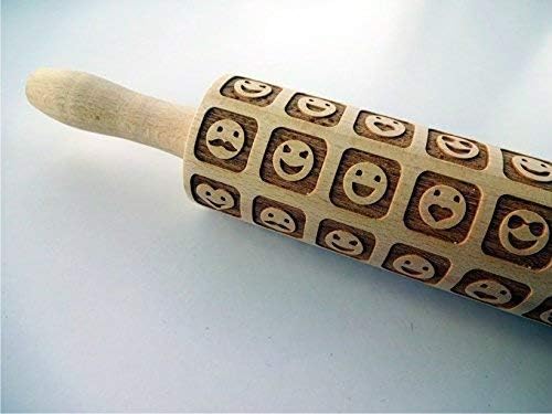 Embossing rolling pin SMILES. Engraved wooden embossed dough roller for embossed Cookies or Clay with Smiley Faces by Algis Crafts