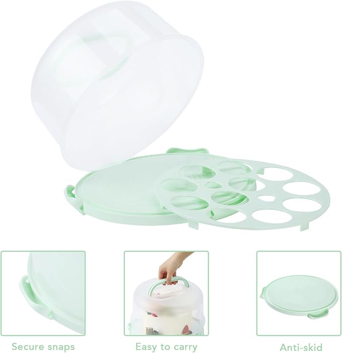 Cake Carrier, Carrier Cupcake Holder with Cake Turntable, Cake Carrier with Lid and Handle(Green)