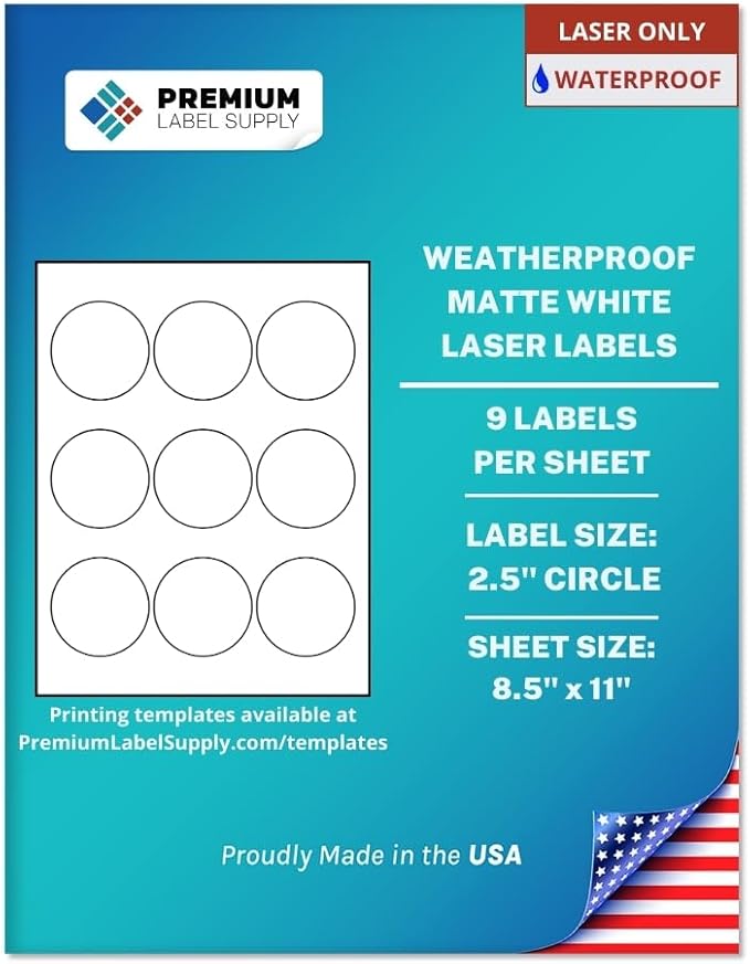 Premium Label Supply Waterproof Matte White Sticker Round Labels – 2.5" Circle – Laser Printers Only – (9 per Sheet), 25 Sheets - 225 Total Adhesive Labels