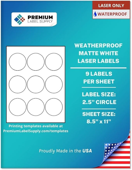 Premium Label Supply Waterproof Matte White Sticker Round Labels – 2.5" Circle – Laser Printers Only – (9 per Sheet), 10 Sheets - 90 Total Adhesive Labels