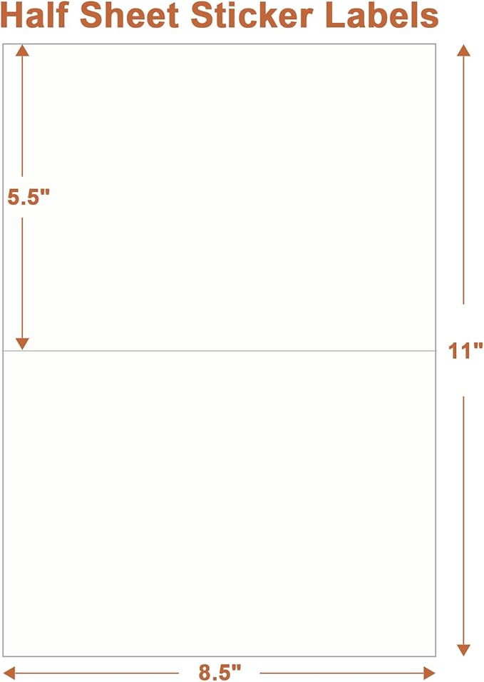 Half Sheet Labels, 2 per Sheet, 50 Sheets, 100 Labels, 8.5" x 5.5" Shipping Labels Paper, Address Sticker Laser & Inkjet Printer Label Stickers, 5 1/2" x 8 1/2" Half Sheet Labels