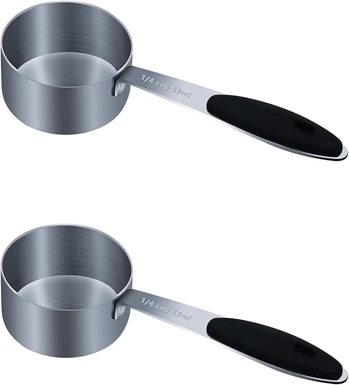 2PCS 1/4Cup (59ml, 2oz) Single Measuring Cup with Black Silicone Grip, Stainless Steel Individual Measure Scoop Only