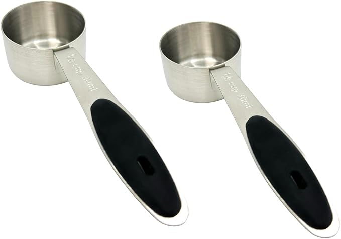 2pcs Stainless Steel Coffee Spoon with Black Silicone Handle Measuring Cup 1/8 Cup (2 Tbsp/30 ml/30 cc/1 oz)