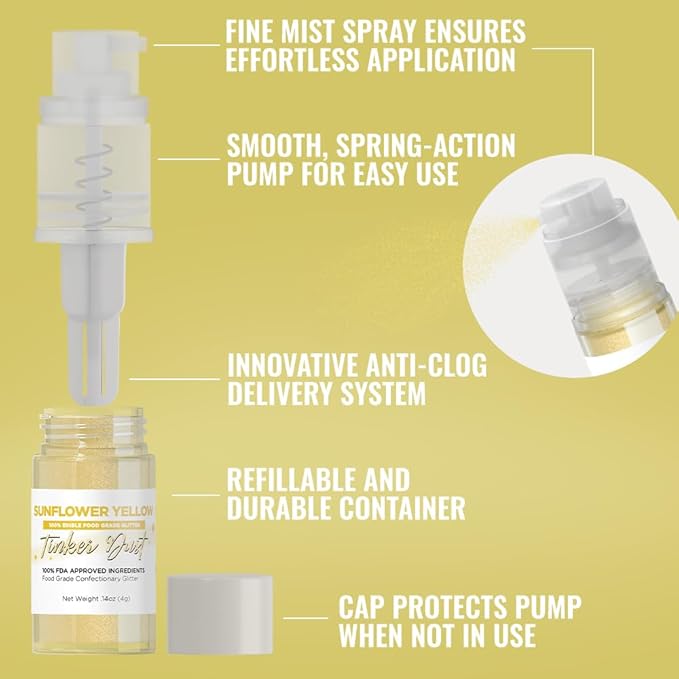 Bakell - Sunflower Yellow Tinker Dust (4g, 1x Mini Spray Pump) Edible Glitter for Food, Desserts, and Beverages!