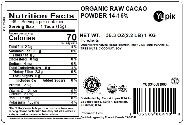 Yupik Organic Raw Cacao Powder, 2.2 lb (35.2 oz), Gluten-Free, GMO-Free, Kosher, Vegan, Dairy-Free, No Added Sugar, Made from Raw Cacao Beans, Rich Chocolate Flavor, Ideal for Baking & Beverages
