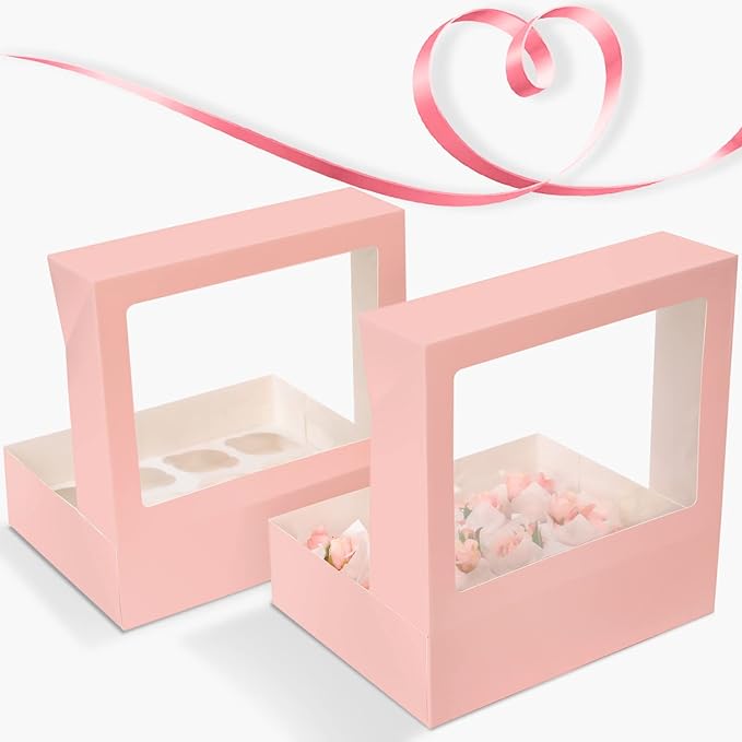12 Cupcake Containers 20-Packs Pink Cupcake Box Cupcakes Carrier, 12 Cupcake Boxes with Window 13"x10"x3.5"（Auto-pop up）
