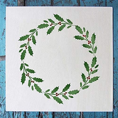 Stencil1 Holly Wreath Stencil – Reusable Winter Template for DIY Crafts, Holiday Decor, Painting on Wood, Fabric, Cards & More - 5.75" x 6"
