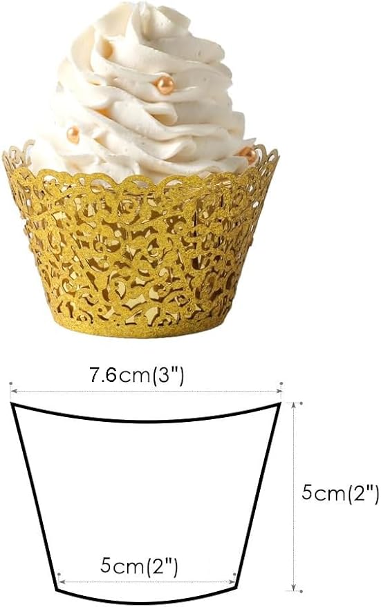 100pcs Cupcake Wrappers Artistic Bake Cake Paper Cups Little Vine Lace Laser Cut Liner Baking Cup Muffin Case Trays for Wedding Party Birthday Decoration (Gold Glitter)