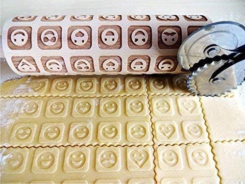 Embossing rolling pin SMILES. Engraved wooden embossed dough roller for embossed Cookies or Clay with Smiley Faces by Algis Crafts