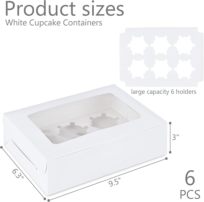 HONEYGIFTS 6 Count White Cupcake Boxes, 6 Sets Cupcake Carrier with Window Boxes Holding 36 Pastry Box for Birthday Holiday Party Bakery Supplies
