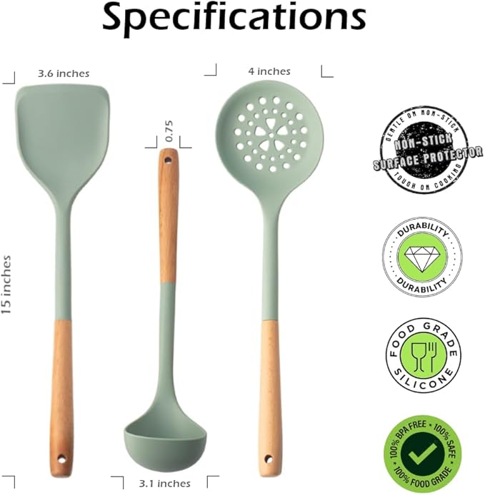 Set of 3 Kitchen Essentials Utensils Set of Silicone Spatulas 15 inches Large Heat Resistant 600F Cooking Baking Non Slip Handles Won't scratch Cookware, Turner Rubber Spatula Ladle Espatula (Green)