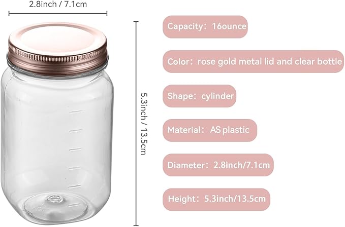 novelinks 16 oz Clear Plastic Jars with Screw-On Lids - BPA-Free Refillable Storage Containers for Slime, Food, Crafts, Kitchen & Household Use (20 Pack,Rose Gold)