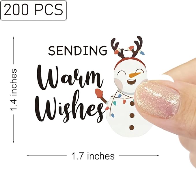 Wailozco 200 PCS Sending Warm Wishes Snow Man Stickers,Cute Small Business Envelopes Stickers for Business Packages/Handmade Goods/Bags,Christmas Theme Small Shop Business Stickers for Envelopes Seal