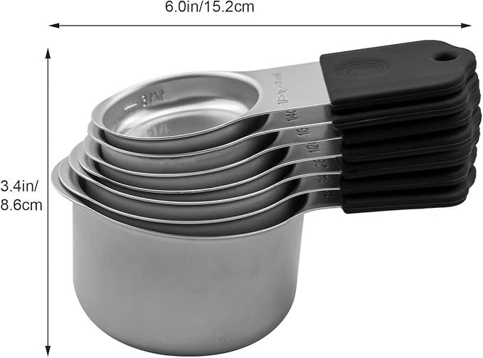 Magnetic Measuring Cups Set, 7 Pieces 18/8 Stainless Steel Stackable Nesting Heavy Duty Metal Measure Cups, Silicone Handle kitchen Tools for Dry and Liquid Ingredients, Dishwasher Safe (Black）