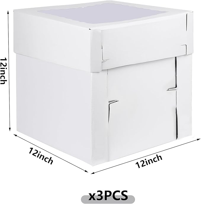 KEEPARTY 3PCS White Tall Cake Boxes 12x12x12inch with Window White Disposable Baking Box Container Wedding Cake Carrier