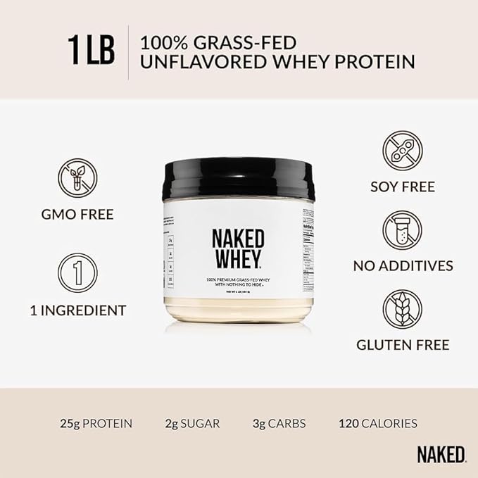 NAKED Whey 1Lb - Only 1 Ingredient, Grass Fed Whey Protein Powder, Undenatured, No Gmos, No Soy, Gluten Free, Stimulate Growth, Enhance Recovery - 15 Servings
