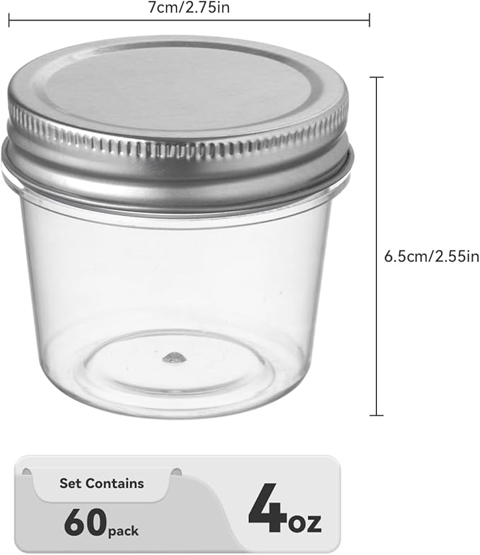 novelinks Plastic Jars With Lids 60Pcs 4oz Mason Jars Silver Plastic Jar Food Storage Small Mason Jars 4 oz for Milkshakes Juice Nuts Cupcakes Candy (Silver, 60 Pack 4 Ounce)