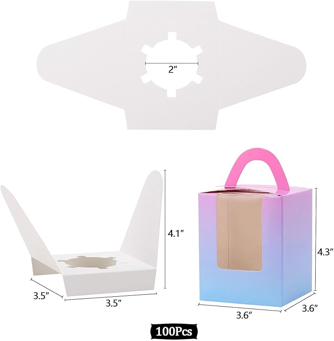 acDesign 100Pcs Single Cupcake Carrier With Window Handle and Inserts 3.6in*3.6in*4.3in Cupcake Boxes Individual for Bakery Wrapping Gift (Gradient)