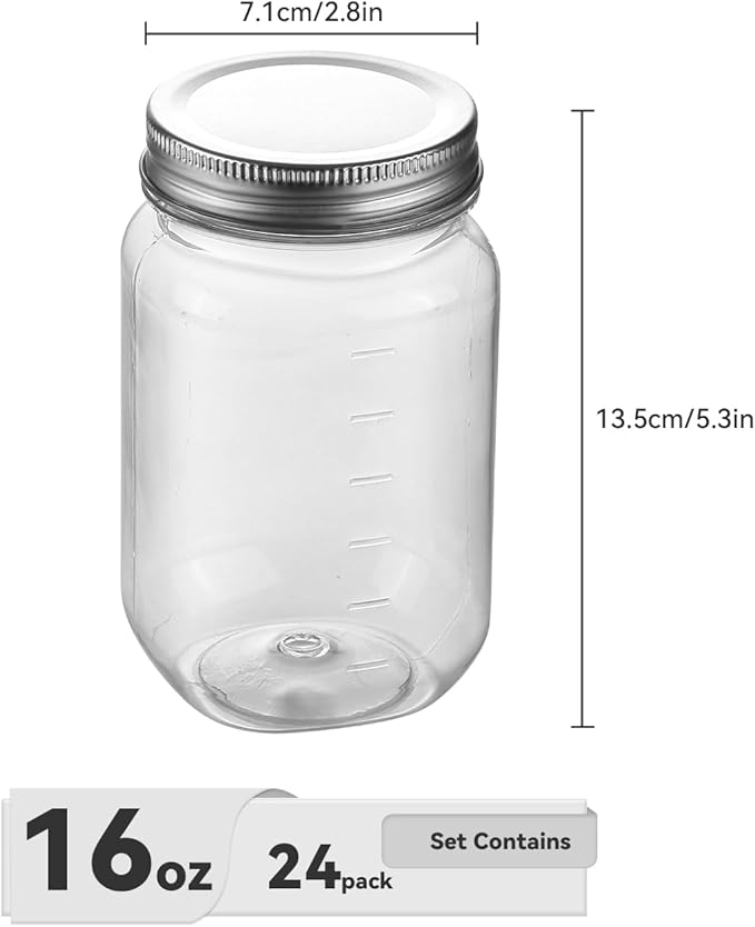 novelinks Plastic Jars With Lids 24Pcs 16 oz Plastic Mason Jars Silver Jar Food Storage Reusable Empty Storage Containers (Sliver, 24 Pack 16 Ounce)