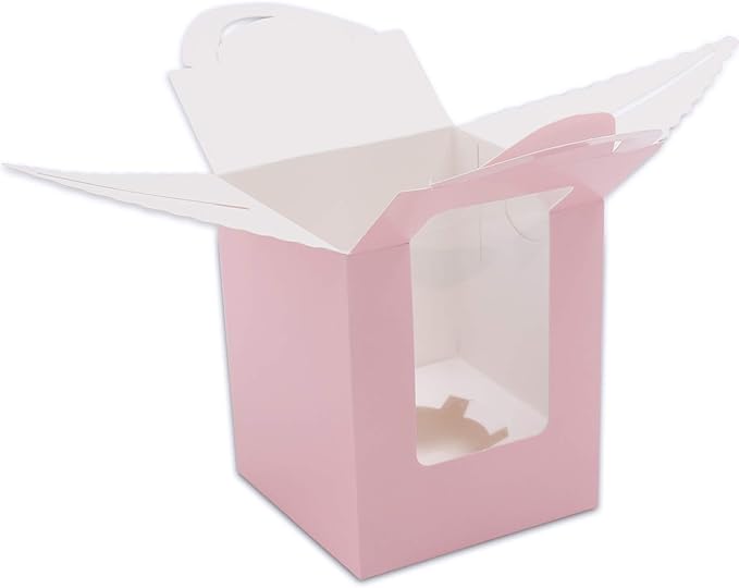 EUSOAR Individual Cupcake Boxes, 25pcs 3.6"x 3.6"x 4.3" Single Cupcake Carrier Containers, Muffin Cupcake Gift Boxes with Window Inserts Handle, for Wedding Birthday Party Treats Gift Packaging Boxes