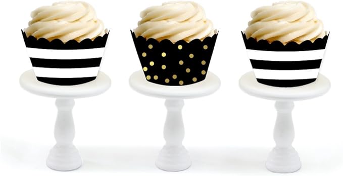 Andaz Press Party Cupcake Wrapper Decorations, Black Stripes and Metallic Gold Ink Polka Dots, 24-Pack, Theme Colored Bulk Cake Supplies