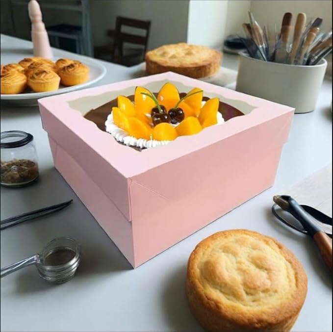 Generic 20Pcs (12x12x6 in) Cake Boxes+1 stickers with Display Window for Gift Giving, Bakesale, Cupcakes, Dessert, Cookies, Pie, Macaroons, Donuts, Pastry, Kraft Paper Material… (20Pcs Pink), 12CDGH