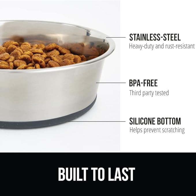 GORILLA GRIP Dog Bowl, Holds 2 Cups (16 fl oz), Heavy Duty Metal Food and Water Bowl for Feeding Dogs and Cats, Easy Clean, Dishwasher Safe, Rust Resistant Stainless Steel, BPA Free Rubber Base, Gray