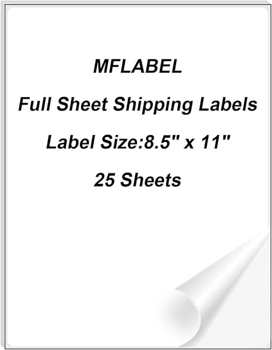 MFLABEL Full Sheet Sticker Paper - 25 Sheets 8.5" x 11" White Matte Printable Vinyl Labels for Inkjet & Laser Printers, Permanent Adhesive for Shipping, Address, Packaging & DIY Crafts
