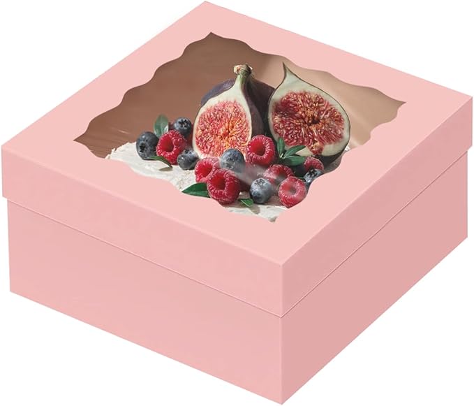 qiqee Pink 12x12x8 Cake Box, 4 Sets Pink Cake Box with Window ＆ 4 Sets 12" Pink Cake Round Boards, 12inch Cake Containers