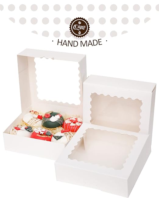 qiqee Auto-pop up 50 Packs Bakery Box With Window 8x8x2.5 inch White Pie Boxes Pastry Box